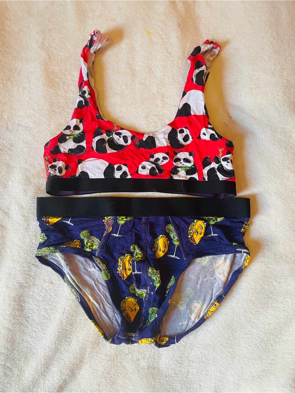 MeUndies Red Panda Print Bralette (small& Navy Cocktail Print Bikini, size Med